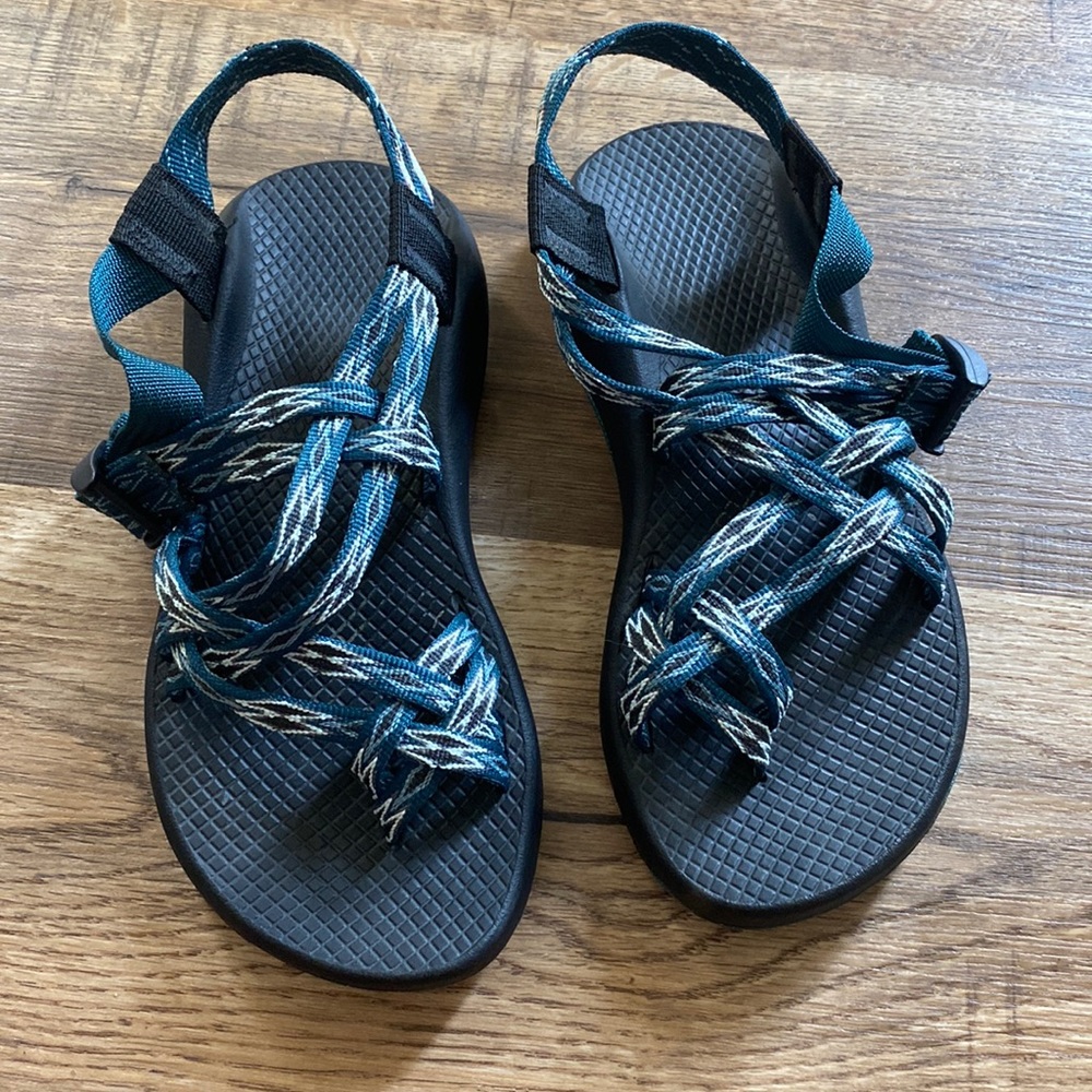 Chaco Teal and Black Strappy Sandals with Patterned Webbing